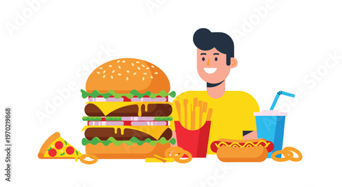 A smiling man sits surrounded by a large assortment of fast food items, including a burger, fries, soda, and pizza, on a white background.