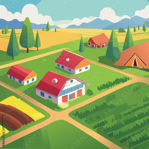 Cartoon farm scene with houses fields trees and bright landscape illustration