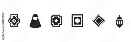 Muslim woman in hijab icon and islamic geometric patterns with lantern silhouette graphics