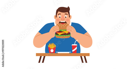 An overweight man in a blue shirt is actively eating a large burger while sitting at a table with fries and a soda on a white background.