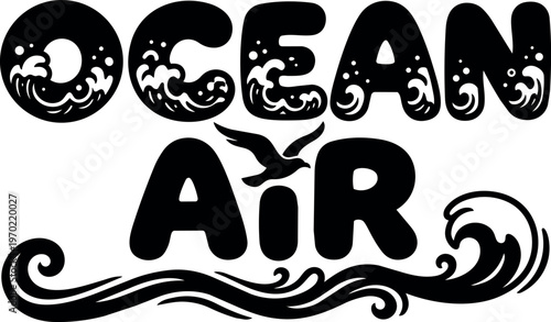 Black and white ocean air lettering with wave and bird vector art