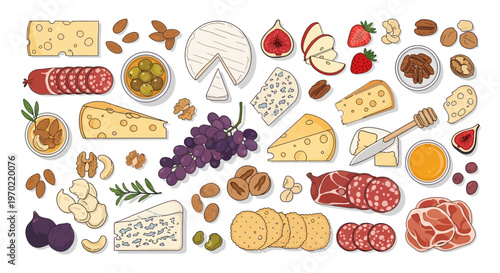 An illustration of various cheeses meats fruits nuts crackers and honey on a white background.