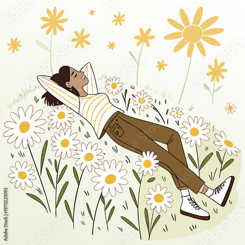 A young woman relaxes peacefully in a field of blooming wildflowers enjoying a bright and sunny day outdoors high quality