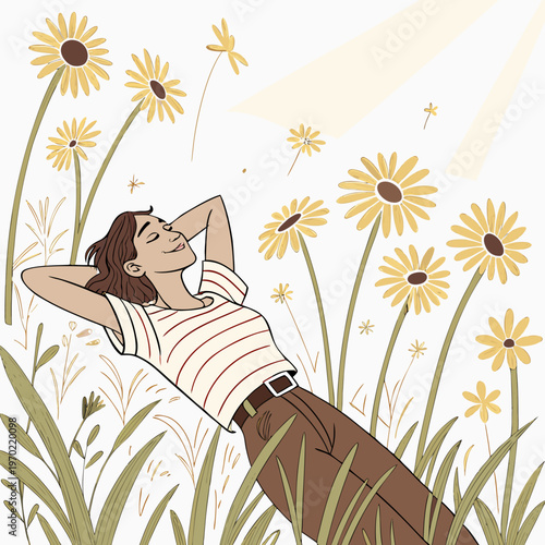 A woman lies peacefully in a field of vibrant yellow daisies basking in the warm sunshine and enjoying a tranquil moment