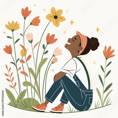 A young woman with dark skin and braided hair joyfully admires a vibrant garden of colorful flowers and greenery
