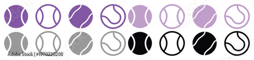 Tennis ball icon set in purple, black, and grey colors, 16 minimalist sports equipment vector elements, flat line art tennis ball symbols for web design