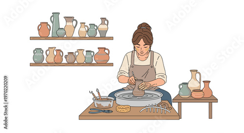 A woman is engaged in the process of making pottery on a wheel, surrounded by various tools and finished ceramic vessels on shelves and a table, all on a white background.