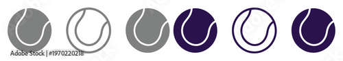 Minimalist tennis ball icon set, collection of 6 flat and outline tennis ball vectors, grey and purple sports equipment symbols for tournament branding