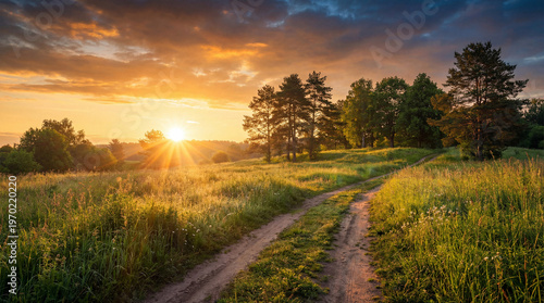 Φωτογραφία Scenic dirt path winding uphill through a vibrant green field with golden sunbeams and distant trees at sunrise
