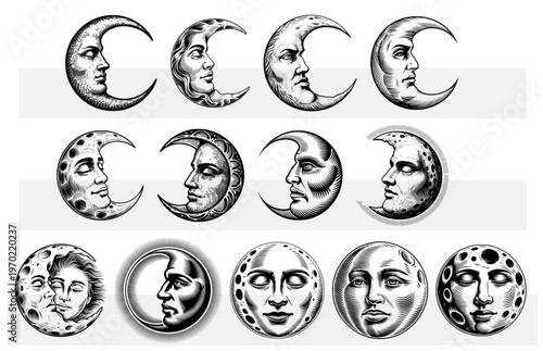 Crescent moon with face, celestial sun and moon set, vintage engraved style mystical moon phases, retro woodcut astrology icons, esoteric occult design elements