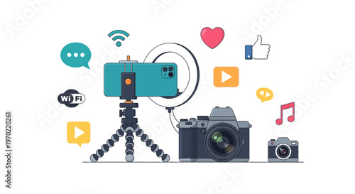 Smartphone on tripod with camera and icons for social media content creation