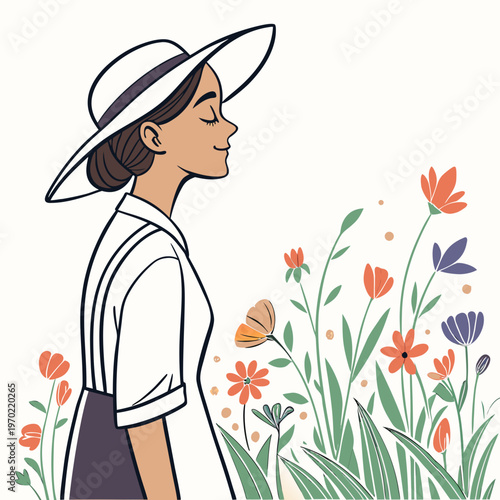 A serene woman in a wide brimmed hat enjoys the fragrant blooms of colorful wildflowers in a peaceful garden setting