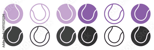 Minimalist tennis ball icon set, 12 vector sports ball symbols in purple and black, flat line art tennis equipment for tournament branding and apps
