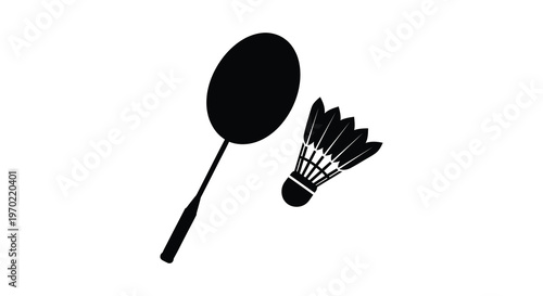 A striking black silhouette depicts a badminton racket and shuttlecock against a plain background silhouette high quality professional