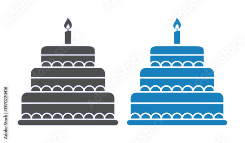 Minimalist birthday cake icons with lit candle, three tier celebration cake vector set, blue and grey tiered dessert symbols for party invitation