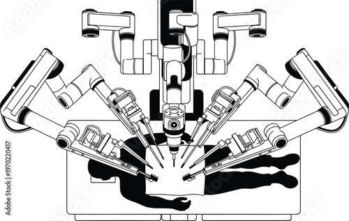 Surgical robot system vector illustration, advanced medical robotic arms performing operation, healthcare technology equipment isolated line art for hospital surgery innovation concept
