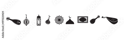 Oud musical instrument crescent moon mosque dome and star ornament set vector