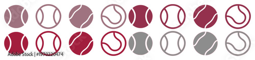Minimalist tennis ball icon set, 16 vector sports equipment symbols, burgundy and grey athletic ball line art for tournament branding and web design
