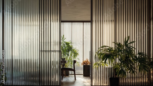 Fluted glass partition reveals sunlit office with potted plants, midcentury chair, natural wood flooring, soft ambient light, tranquil waiting area designed for hybrid workspace and wellnessfocused