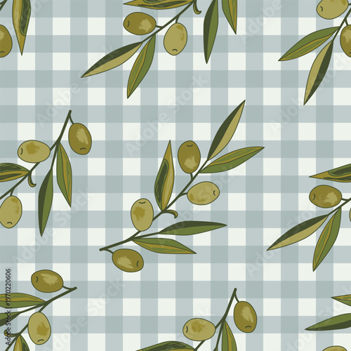 Vintage hand drawn olive branches seamless pattern on gingham background. Vector illustration background