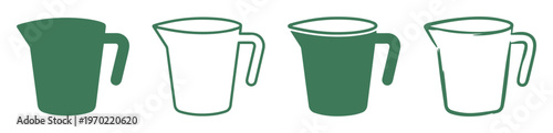 Minimalist measuring jug vector icons, dark green kitchen pitcher silhouettes, set of 4 liquid measurement container symbols for cooking