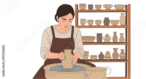 A woman in a brown apron is seated at a pottery wheel, shaping a clay vase, with shelves of finished pottery behind her.