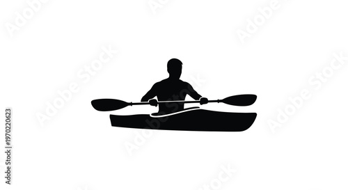 A lone kayaker paddles across calm waters presented as a striking black graphic silhouette high quality professional detailed
