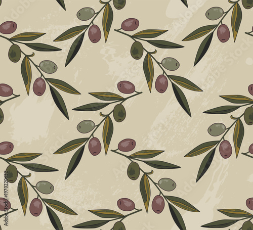 Vintage hand drawn olive branches seamless pattern. Vector illustration background