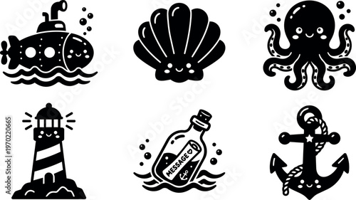 Cute black submarine shell octopus lighthouse message bottle and anchor icons