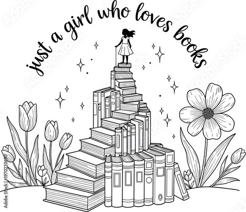 Just a Girl Who Loves Books" Inspirational Book Lover T-Shirt with Flower and Books Illustration, Perfect for Readers and Bibliophiles