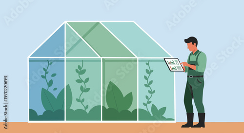 Man standing next to greenhouse structure.