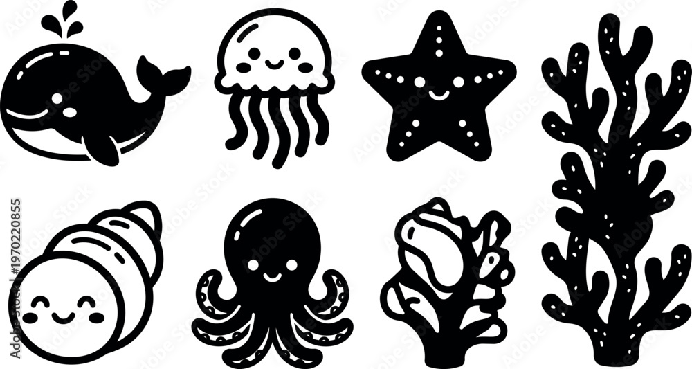 Obraz premium Cute black and white marine animals and coral vector art set