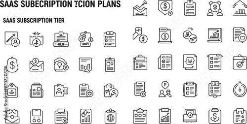 SaaS subscription plans and pricing management line icon set featuring billing payment tiers revenue analytics and subscription services