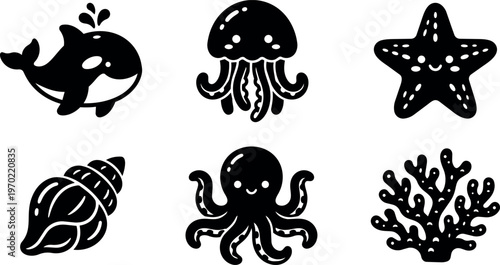Cute black and white sea creatures whale jellyfish starfish shell octopus coral vector art