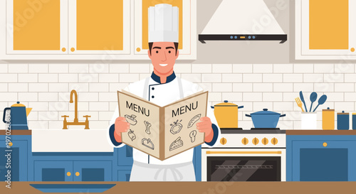 Chef in kitchen reading menu.