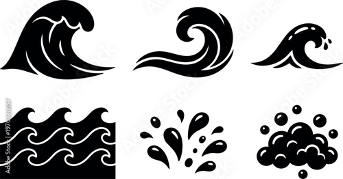 Black and white ocean waves and water splash vector icons set