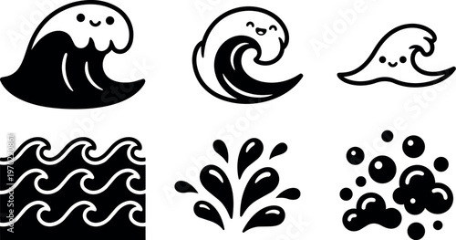 Cute black and white wave characters and water splash icons