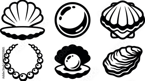 Black and white pearl shell necklace oyster clam vector art
