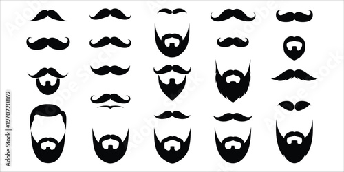 Mustache and beard styles set black silhouette vector illustration isolated on white background for barber shop design.