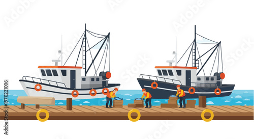 A minimal flat vector illustration of fishermen unloading fish crates from docked boats at a harbor, using simple geometric elements, a coastal industry concept, and a white background.
