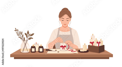 A woman in an apron is seated at a wooden table, carefully tying a red ribbon around a handmade candle, with other finished candles and crafting supplies around her.