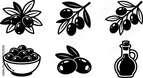 Black and white olive branch bowl and bottle vector art icons