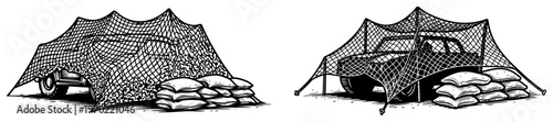 Military transport vehicles hidden under camouflage netting and protected by sandbags in hand drawn engraving style