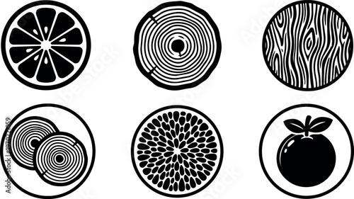 Black and white wood rings and citrus fruit vector icons set