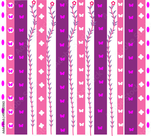 Seamless Pink Purple Butterfly Floral Stripe Pattern Background.