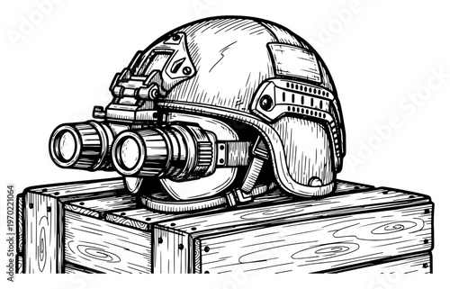 Tactical combat helmet with night vision goggles placed on a wooden military crate in detailed engraving style