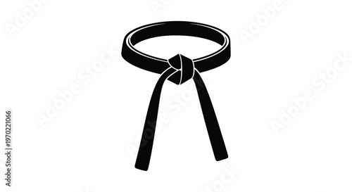 A stark black martial arts belt is prominently displayed against a white background creating a bold silhouette
