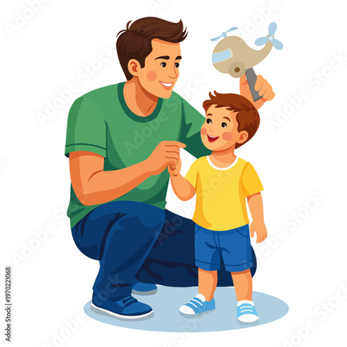 A man, father, and boy holding a toy airplane