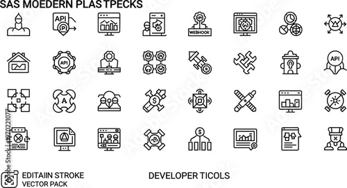 SaaS platform and API integration line icon set featuring software development automation technology outline vector collection