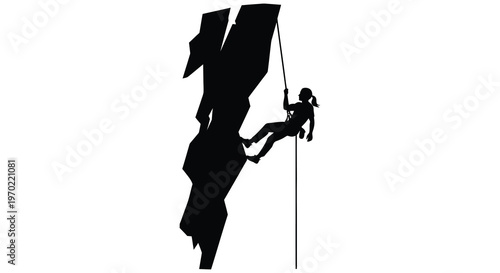 A solitary rock climber ascends a steep jagged cliff face captured in a striking black silhouette high quality